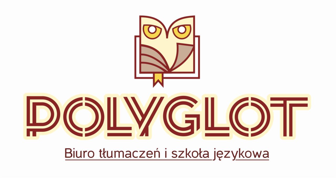 Logo biura tłumaczeń i szkoły językowej Polyglot z motywem sowy trzymającej książkę.