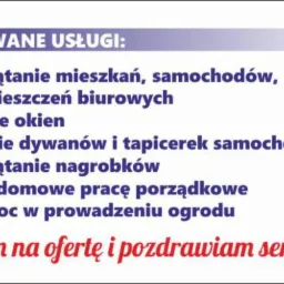 Lista oferowanych usług: sprzątanie mieszkań, samochodów, pomieszczeń biurowych, mycie okien, pranie dywanów i tapicerek samochodowych, sprzątanie nagrobków, przydomowe prace porządkowe, pomoc...
