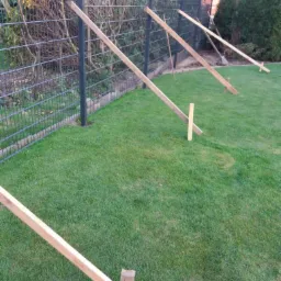 Tymczasowe drewniane podpory stabilizujące nowy metalowy płot panelowy, wbite w trawnik, widok z poziomu trawy.