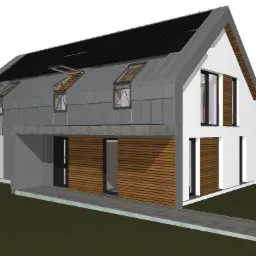 Wizualizacja domu jednorodzinnego z panelami słonecznymi na dachu, drewnianą elewacją i dużymi oknami, prezentująca nowoczesny projekt architektoniczny.
