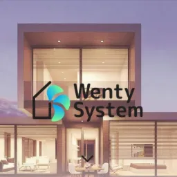 Wizualizacja nowoczesnego domu z dużymi oknami, nałożone logo firmy Wenty System.