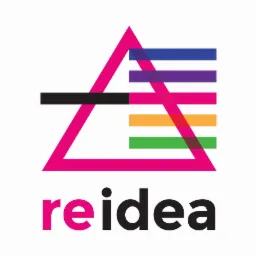 Abstrakcyjne logo firmy 'reidea' z różowym trójkątem i kolorowymi, poziomymi paskami na białym tle.