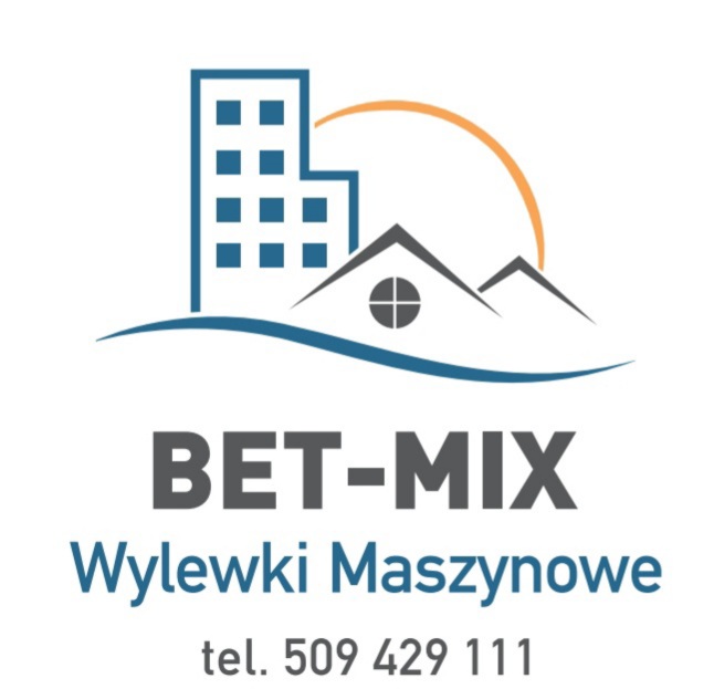 Logo firmy BET-MIX specjalizującej się w wylewkach maszynowych, przedstawiające budynek, dom z oknem i wschodzące słońce.