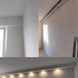 Trzy ujęcia: ściana z zielonym laserem poziomującym, sufit z przygotowaną konstrukcją pod oświetlenie, oraz gotowa ściana z oświetleniem punktowym w listwie.