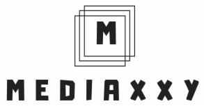 Czarno-białe logo firmy MEDIAXXY z literą 'M' wewnątrz trzech nakładających się kwadratów, umieszczone nad nazwą firmy zapisaną pogrubioną, niestandardową czcionką.