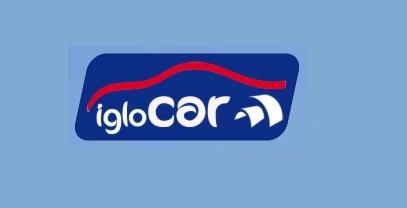 Logo firmy IgloCar na niebieskim tle, z czerwoną falą nad nazwą i stylizowanym symbolem klimatyzacji.