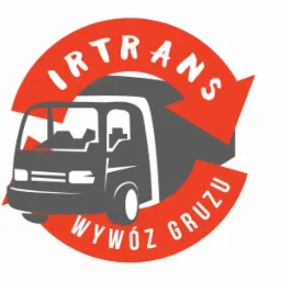 Logo firmy transportowej IRTRANS z szarym samochodem dostawczym na tle czerwonego okręgu ze strzałką i napisem 'Wywóz gruzu'.
