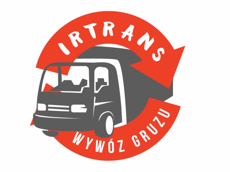 Logo firmy transportowej IRTRANS z szarym samochodem dostawczym na tle czerwonego okręgu ze strzałką i napisem 'Wywóz gruzu'.