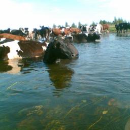 FHU Kolor Magdalena Wolak - Krowy różnych ras zanurzone w wodzie, niektóre z nich całkowicie zanurzone, w tle zielona łąka i osoba stojąca nad brzegiem.