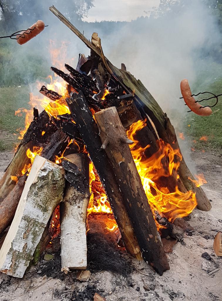 Ognisko z palącymi się polanami i dwiema piekącymi się nad nim kiełbaskami na metalowych szpikulcach, lekki dym w tle.