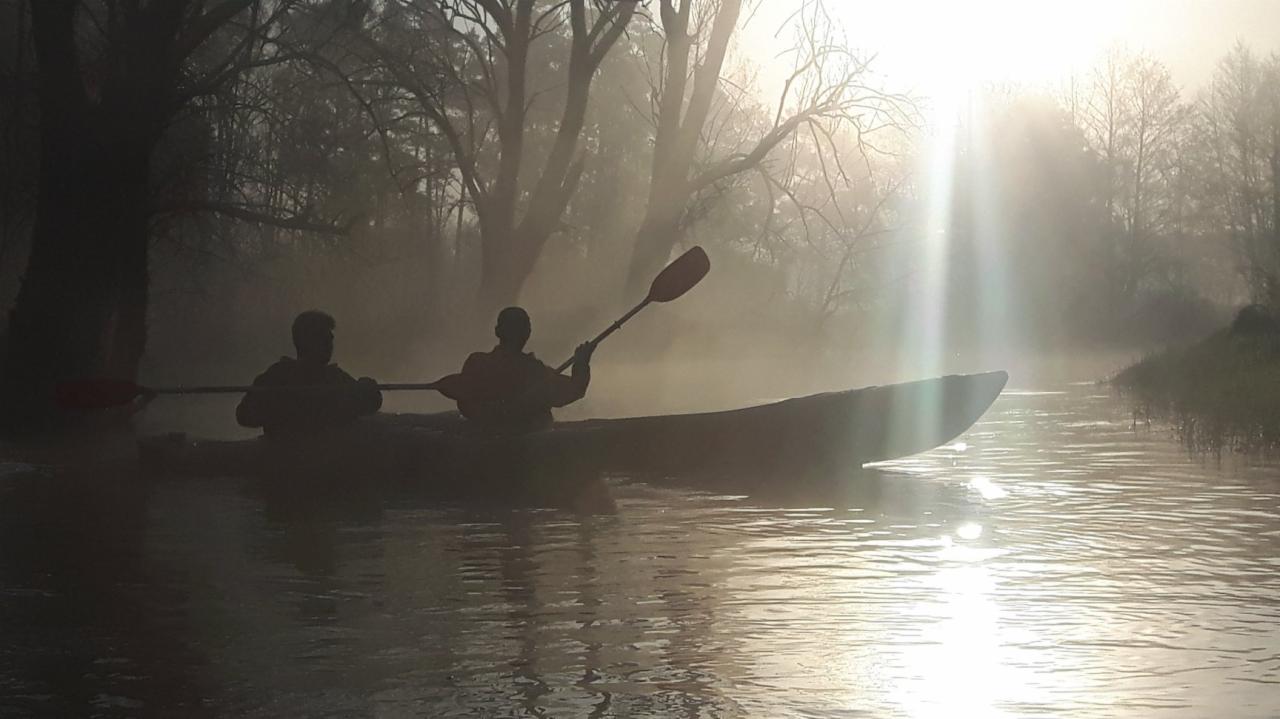 Dwie osoby w kajaku płyną po rzece w porannej mgle, promienie słońca przebijają przez drzewa w tle.