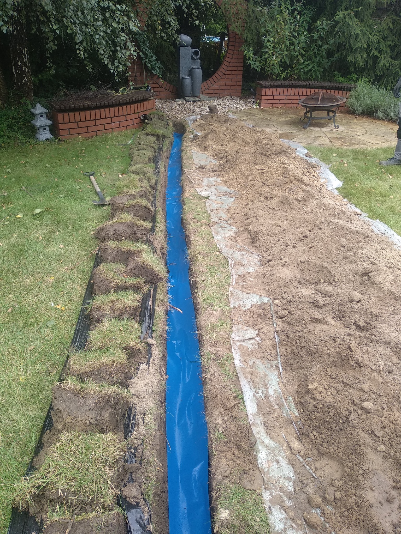 Wykopany rów z niebieską folią w ogrodzie, trawa z ziemią obok, w tle elementy dekoracyjne ogrodu i grządki.