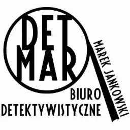 Logo firmy 'Marek Jankowski Biuro Detektywistyczne' z lupą i napisem 'DET MAR' w okręgu.