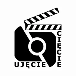 Czarno-białe logo z klapsem filmowym, stylizowanym obiektywem i napisem 'Ujęcie' oraz 'Cięcie'.