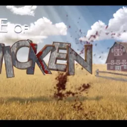 Animacja 3D przedstawiająca tytuł 'Game of Chicken' w rustykalnym stylu na tle farmy z wiatrakiem, z elementami rozbryzgującej się cieczy.