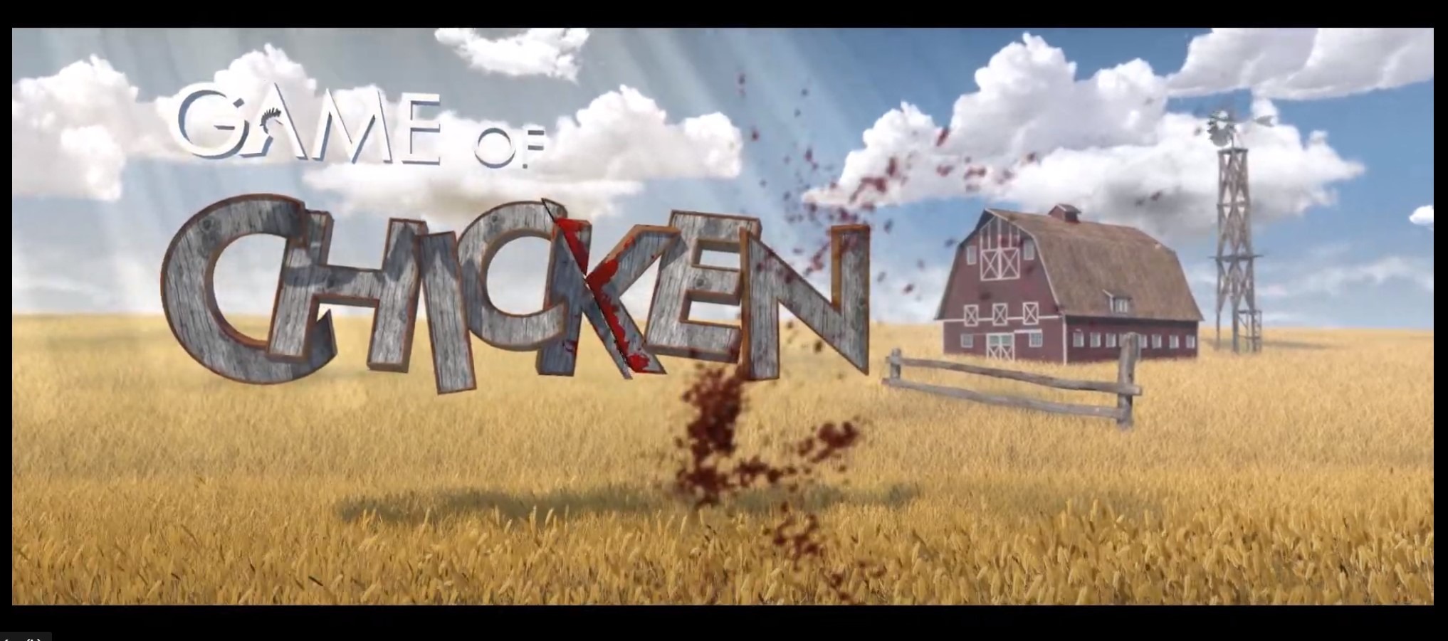 Animacja 3D przedstawiająca tytuł 'Game of Chicken' w rustykalnym stylu na tle farmy z wiatrakiem, z elementami rozbryzgującej się cieczy.