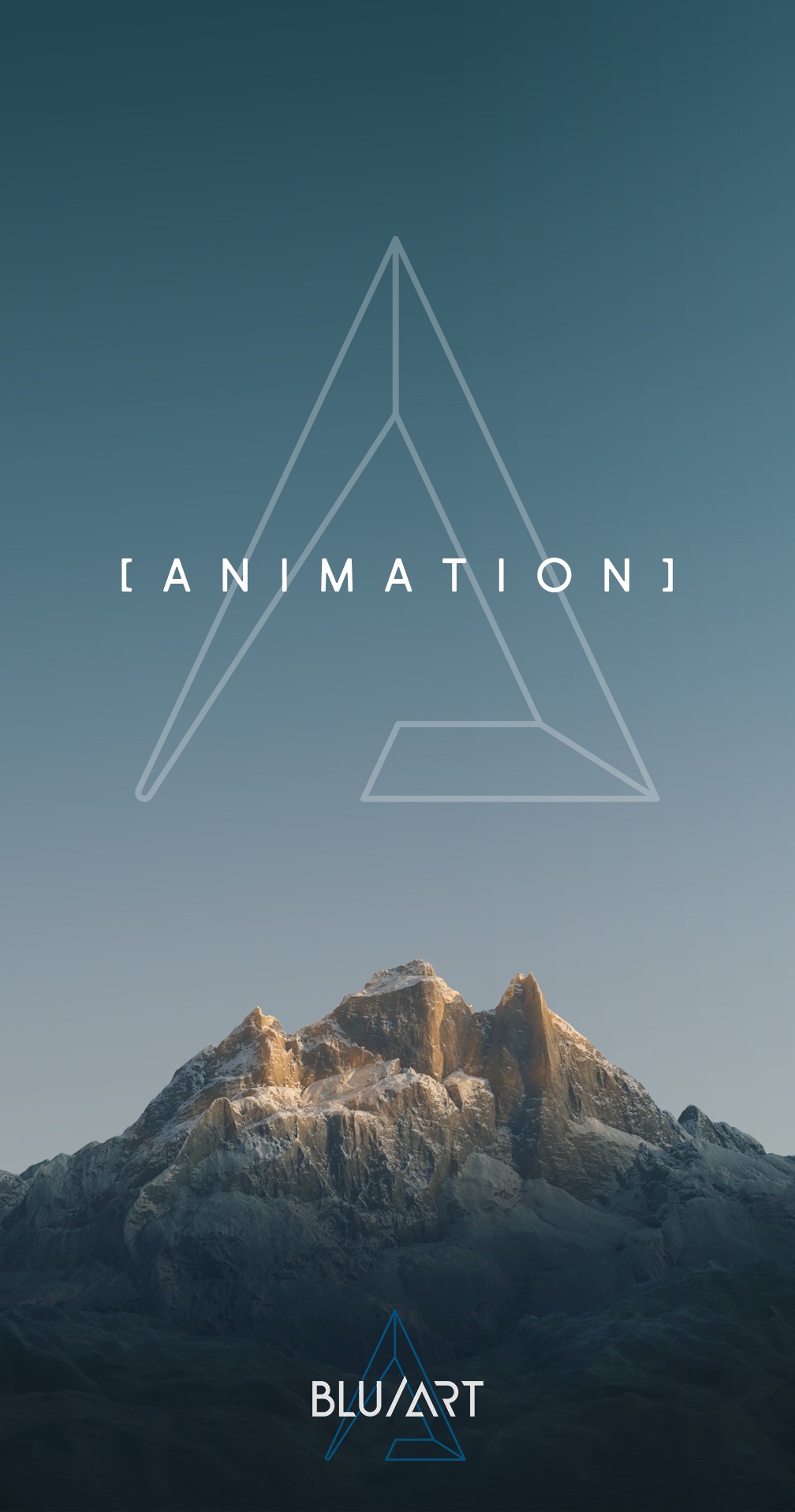 Grafika przedstawia animację z motywem górskim, z logo Blu/Art na tle ośnieżonego szczytu i stylizowanym napisem [ANIMATION] w geometrycznej oprawie.