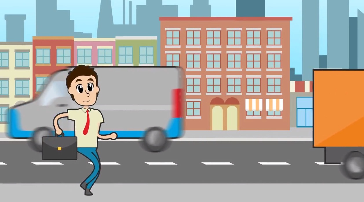 Animowana postać mężczyzny z teczką idzie ulicą miasta obok przejeżdżającego samochodu dostawczego.