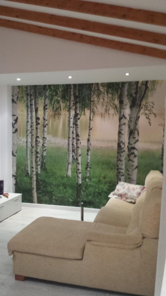 Salon z fototapetą przedstawiającą brzozowy las, beżowy szezlong z poduszką i drewniane belki na suficie.