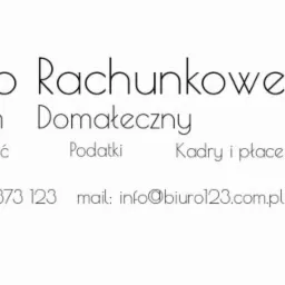 Logo firmy świadczącej usługi finansowe i kadrowe, nazwa firmy: Biuro Rachunkowe Adam Domałeczny, kontaktowy numer telefonu i adres e-mail, zakres usług: księgowość, podatki, kadry i płace, zielony...