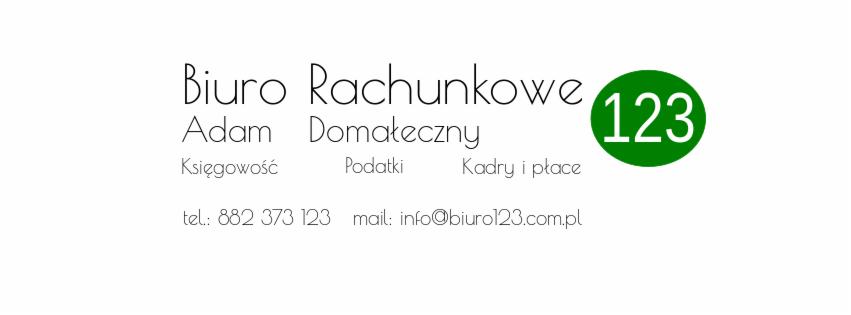 Logo firmy świadczącej usługi finansowe i kadrowe, nazwa firmy: Biuro Rachunkowe Adam Domałeczny, kontaktowy numer telefonu i adres e-mail, zakres usług: księgowość, podatki, kadry i płace, zielony...