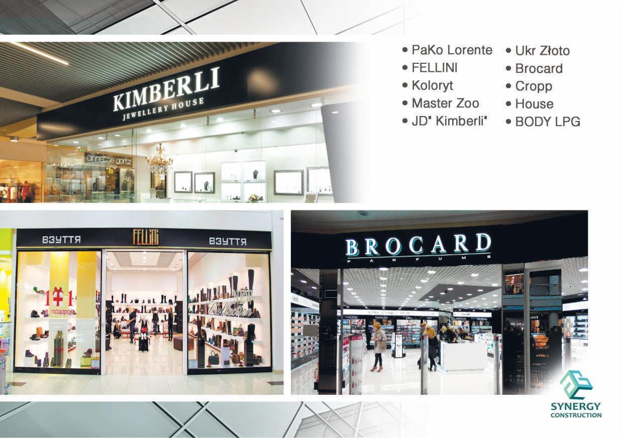 Kolaż zdjęć przedstawiający fasady różnych sklepów w centrum handlowym, w tym sklep z biżuterią 'Kimberli', sklep obuwniczy 'Fellini' oraz perfumerię 'Brocard', z widocznymi szyldami i wystawami...