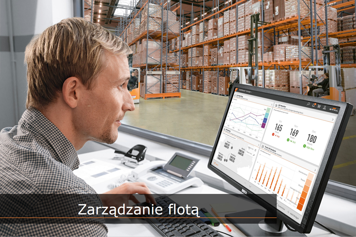 Mężczyzna analizuje dane dotyczące floty wózków widłowych na monitorze, widoczne wykresy i statystyki, w tle magazyn z wózkami widłowymi.