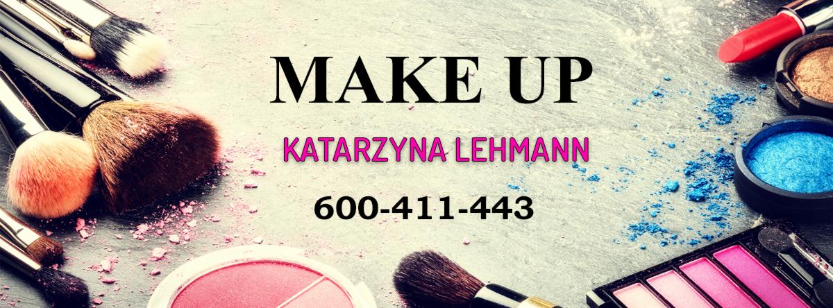 Profesjonalne pędzle do wizażu, paleta cieni do powiek i szminka na teksturowanym tle z rozsypanymi pigmentami, nad napisem MAKE UP, imieniem i nazwiskiem oraz numerem telefonu.