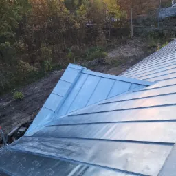 Błyszczący, metalowy dach z widocznymi śladami stóp, wykonany w technologii na rąbek stojący, na tle jesiennego krajobrazu o zachodzie słońca.