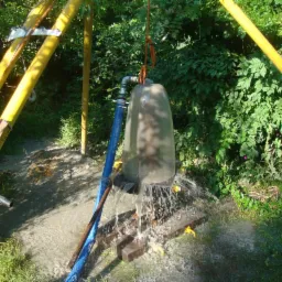 Testowanie wydajności studni głębinowej z użyciem pompy i przezroczystego separatora wody, woda wylewająca się na zewnątrz, widoczna konstrukcja wiertnicza z żółtych rur i lina mocująca.