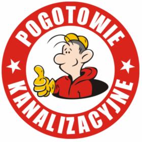 Logo firmy pogotowia kanalizacyjnego: kreskówkowa postać hydraulika w czerwonej kurtce i żółtej czapce, z kciukiem w górę, na tle czerwonego okręgu z białym napisem 'POGOTOWIE KANALIZACYJNE'...