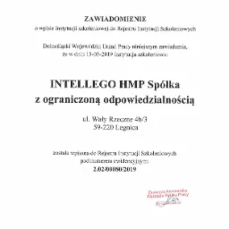 Skan dokumentu z Dolnośląskiego Wojewódzkiego Urzędu Pracy, zawiadomienie o wpisie INTELEGO HMP Spółka z ograniczoną odpowiedzialnością do Rejestru Instytucji Szkoleniowych pod numerem 2.