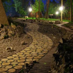 Oświetlona nocą ścieżka w ogrodzie, wyłożona drewnianymi krążkami, otoczona kamieniami i roślinnością, prowadząca do drewnianego domku.