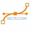 Pomarańczowy, stylizowany symbol sieci telekomunikacyjnej z nazwą firmy SELTELCOM w kolorze błękitnym, na białym tle.