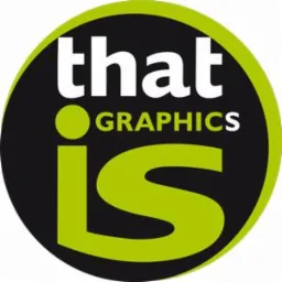 Okrągłe logo w kolorach czerni, bieli i limonki z napisem 'that GRAPHICS is'.