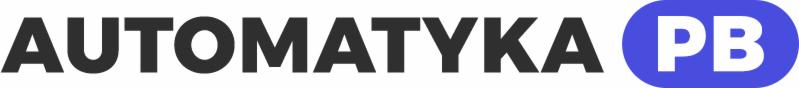 Logo firmy z Rybnika specjalizującej się w automatyce do bram, z napisem 'AUTOMATYKA PB' w kolorze czarnym i białym na niebieskim tle.