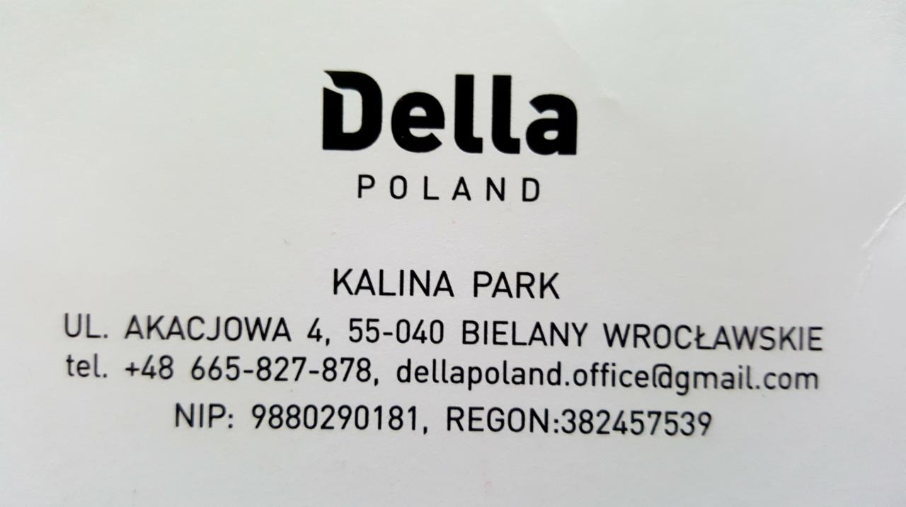 Wizytówka firmy Della Poland z Bielan Wrocławskich, zawierająca logo, adres Kalina Park, numer telefonu, adres e-mail, NIP i REGON.