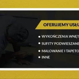 Mężczyzna w czapce szlifuje powierzchnię, obok grafika z ofertą usług wykończeniowych, sufitów podwieszanych i malowania.