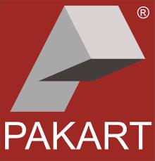 Logo firmy PAKART z geometrycznym symbolem w odcieniach szarości na czerwonym tle. Znak towarowy ® w prawym górnym rogu.