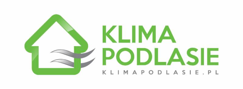 Zielone logo firmy Klima Podlasie z symbolem domu i falami powietrza, nazwa firmy w kolorze zielonym, adres strony internetowej pod nazwą.