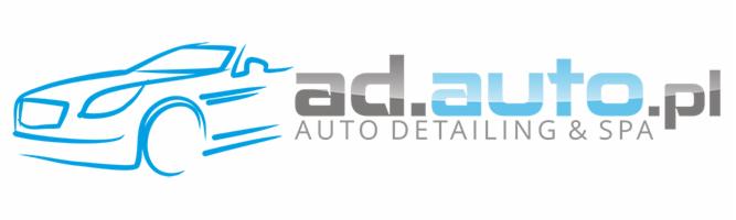Logo firmy ad.auto.pl z niebieskim szkicem samochodu i szarym napisem AUTO DETAILING & SPA.