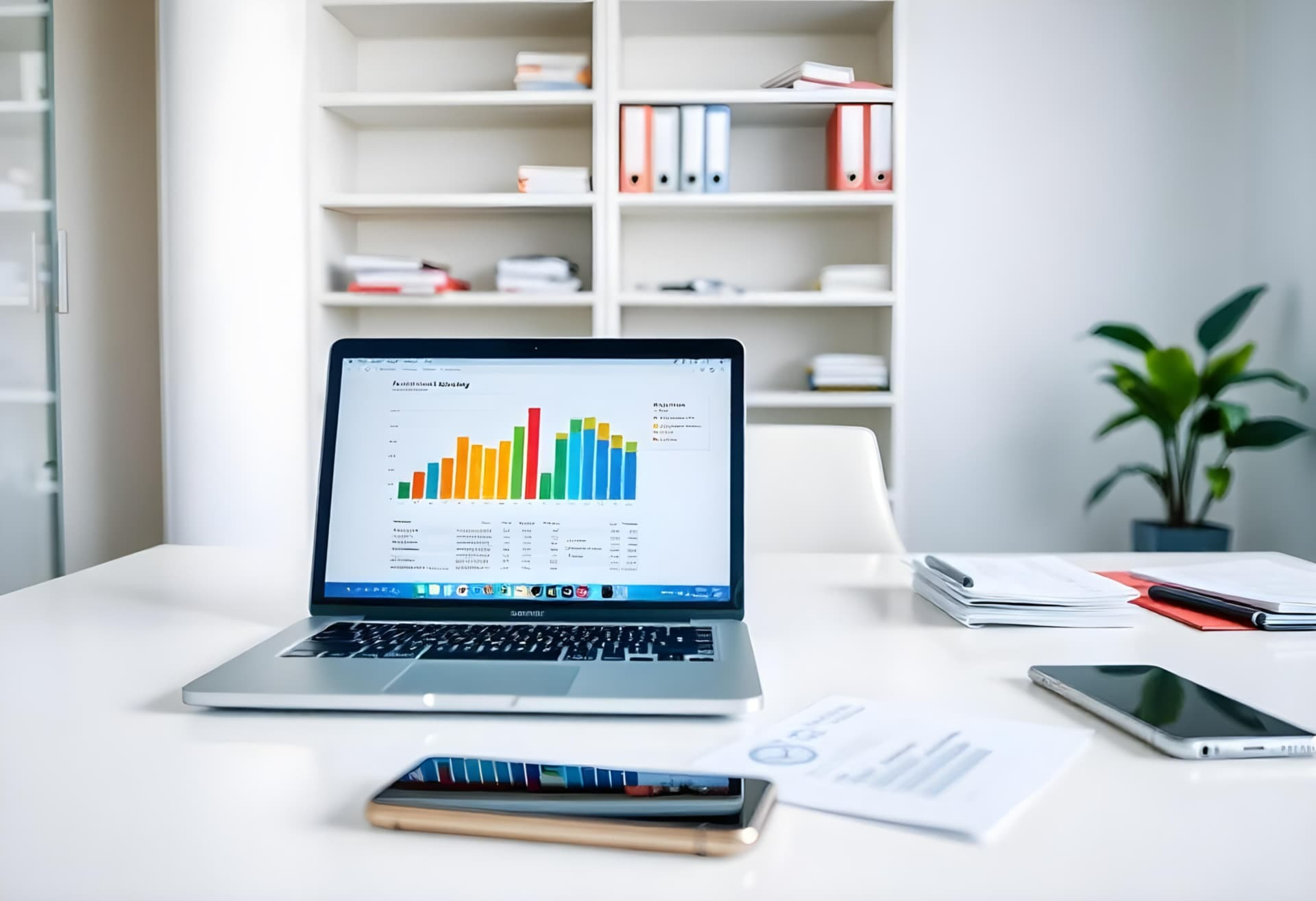 Laptop z wykresem słupkowym na białym biurku, obok telefon i dokumenty. W tle regał z segregatorami i roślina doniczkowa. Jasne, minimalistyczne biuro.