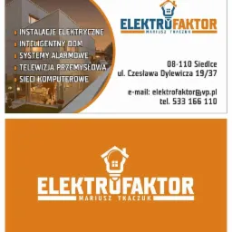 Wizytówka firmy Elektrofaktor Mariusza Tkaczuka oferującej instalacje elektryczne, inteligentny dom, systemy alarmowe, telewizję przemysłową i sieci komputerowe, z adresem i danymi kontaktowymi.
