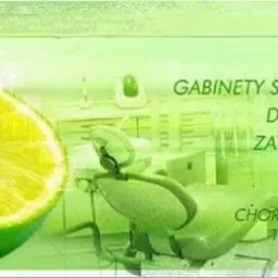 Grafika z połówką limonki, fotelem dentystycznym w tle oraz danymi kontaktowymi gabinetu stomatologicznego w Chorzowie.