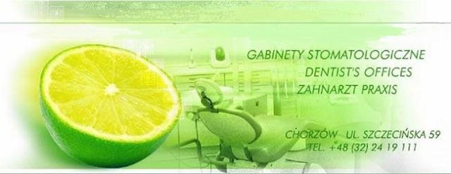 Grafika z połówką limonki, fotelem dentystycznym w tle oraz danymi kontaktowymi gabinetu stomatologicznego w Chorzowie.