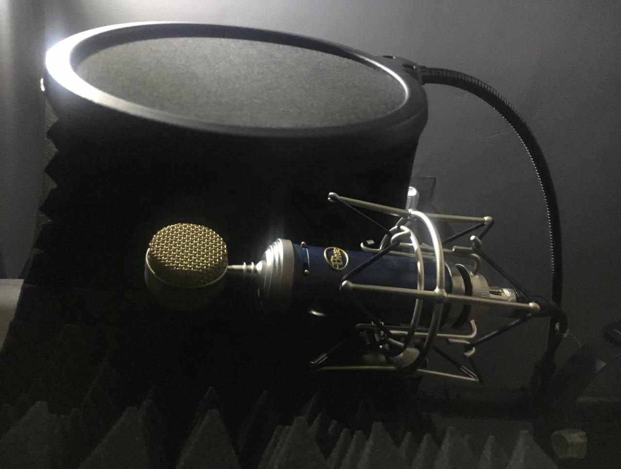 Mikrofon pojemnościowy Blue Yeti Pro z pop filtrem i ekranem akustycznym w ciemnym pomieszczeniu, widoczne detale siatki mikrofonu i srebrnego koszyka antywibracyjnego.