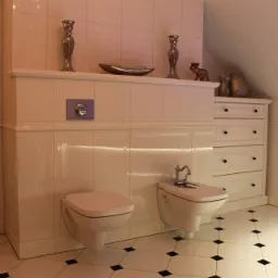 Elegancka łazienka z białą armaturą, toaletą podwieszaną i bidetem, wykończona białymi płytkami z czarnymi akcentami na podłodze, oświetleniem LED pod szafką i ozdobnymi figurkami na p&oacute;łce.