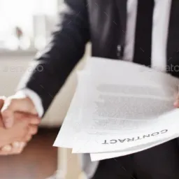 Uścisk dłoni nad dokumentami z widocznym słowem 'CONTRACT', mężczyzna w garniturze.