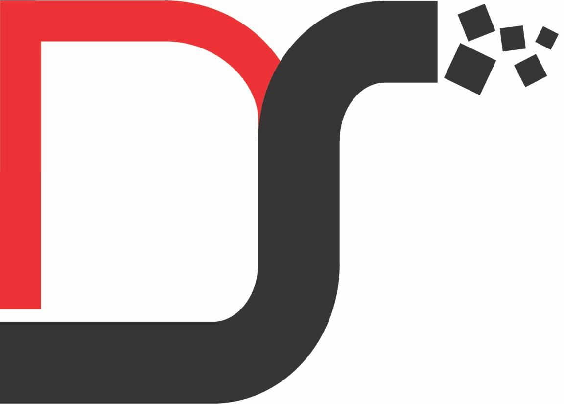 Abstrakcyjne logo firmy IT przedstawiające połączone litery 'D' (czerwona) i 'S' (czarna), z czarnym przewodem wychodzącym z litery 'S' i rozpadającym się na piksele.