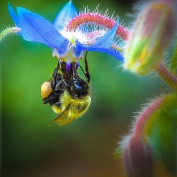 Dream come true s.r.o. - Szerszeń zawieszony na niebieskim kwiatku ogórecznika lekarskiego, zbierający nektar, z zielonym rozmytym tłem.